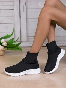 全新时尚针织袜鞋 女士休闲运动鞋 软底透气跑步鞋 女士护腿鞋 - 黑色 - 查看 2