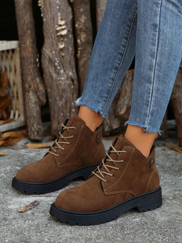 Stivali corti invernali da donna con fodera termica, comodi e caldi, in colore unito, lacci, per uso casual all'aperto, di colore marrone