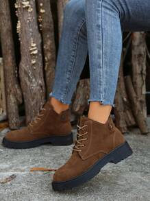 Stivali corti invernali da donna con fodera termica, comodi e caldi, in colore unito, lacci, per uso casual all'aperto, di colore marrone