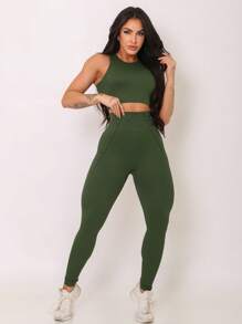 Leggings + Racerback Top Set Reinforces Feminine Disguises Cellulite High Waist Enhances Reinforced Stitching - xanh quân đội - Xem 10