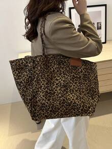 大容量豹纹时尚单肩包，简约个性女士手提包，适合购物和旅行 - 棕色 - 查看 8