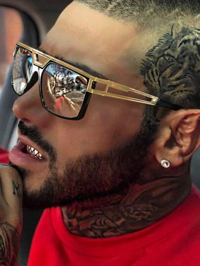 1pc Large Square Double Bridge Fashion Eyeglasses Frame, Punk Party Personalized Transparent Glasses Metal Accessories For Men