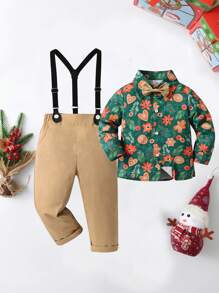 BOARNSEORL 2pcs Young Boys Gentleman Outfit, Collared Long Sleeve Shirt With Bowknot And Suspender Pants, Fashionable And Stylish For Holidays, Christmas, Weddings, Birthday Parties, Events