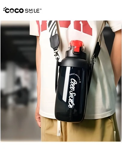 coco smile 1 个 2000 毫升/67.64 盎司超大容量 Tritan 水瓶 - 便携式手柄和可拆卸肩带，直接饮用和吸管 - 适合运动和健身爱好者、男士、女士和学生