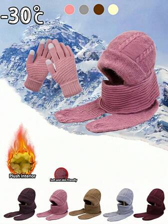Women's Scarf With Thick Warm Hat + Gloves, Soft Knitting Hat Beanie, Cycling Cap Ski Cap Retro Knit Hat Outdoor Multi-Piece Set, Autumn Winter
