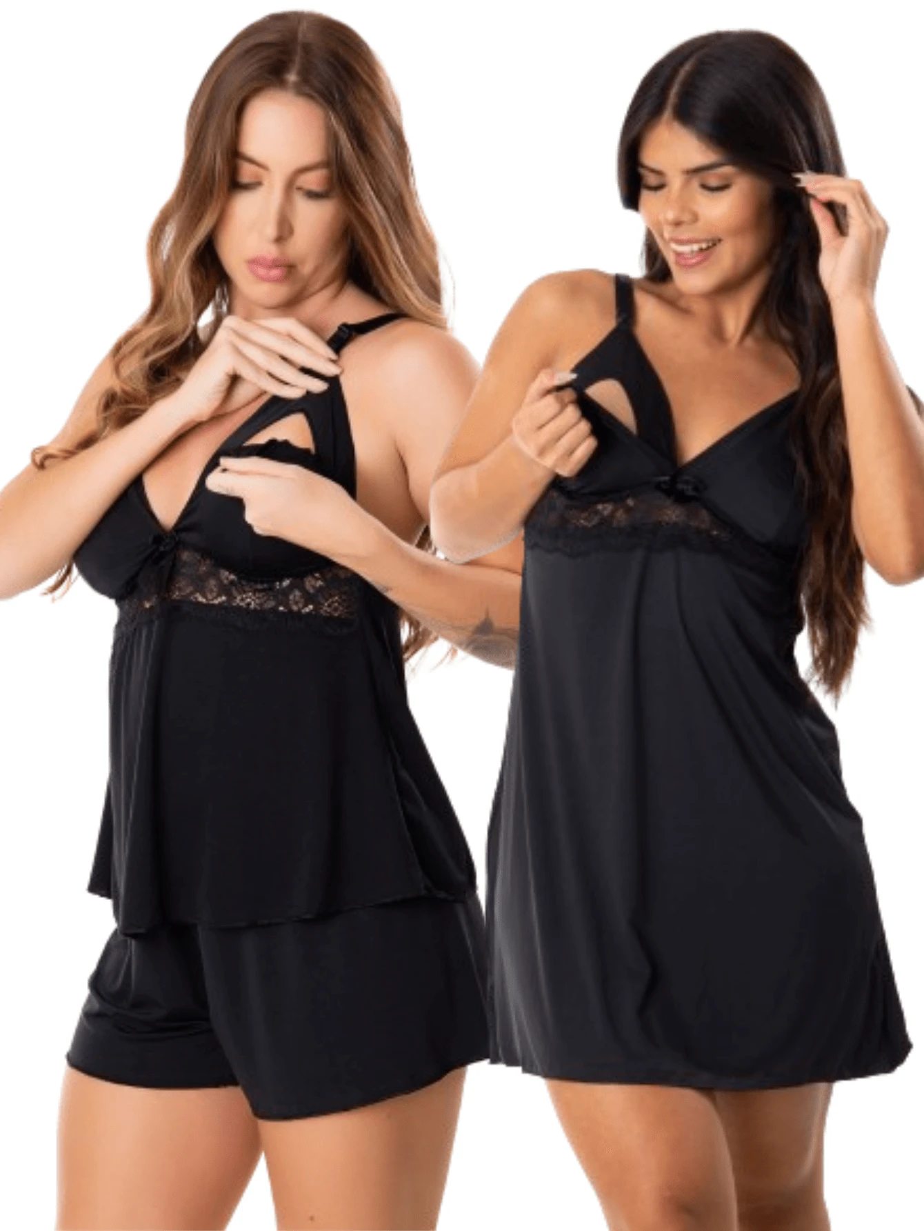 Camisola De Amamentação Com Baby Dool Feminino Gestante Click Abre Fácil Kit Pijama Maternidade Moda Grávida - Preto - Visão 1
