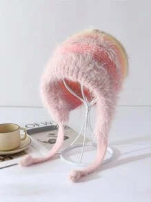 1pc Women Ombre Fluffy Knit Beanie Hat,Thick Soft Plush Warm Ear Protection Winter Headwear, Reversible Hat, Adorable Colored Knitted Cap