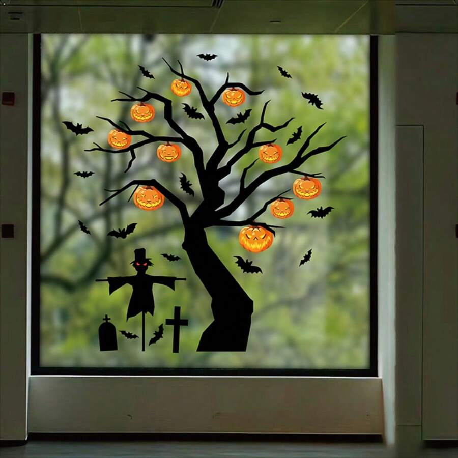 New Favorite For Halloween Party Decorations! 45.5" X 47.2" Large Area Glass Stickers - Static Adhesion, Halloween Props, Mall Window Decals - P-WS011-XXL-115*120 - 查看 1