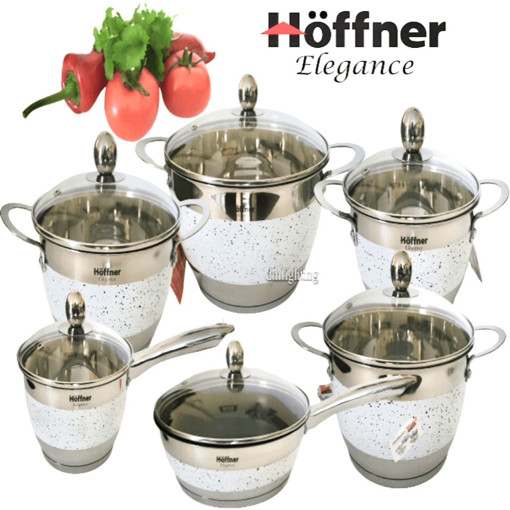 Juego de utensilios de cocina de 12 piezas con acabado de mármol, color blanco de la marca Hoffner, apto para estufas de gas e inducción.