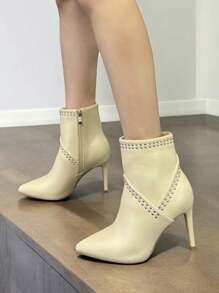 RevReaL Rivet Decor High Heel Ankle Boots - Black/Beige Fashion Pointed Toe Stiletto Boots - Beige - View 3