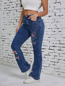 女士时尚优雅个性弹力刺绣水洗牛仔裤 - 中等水洗藍 - 查看 4