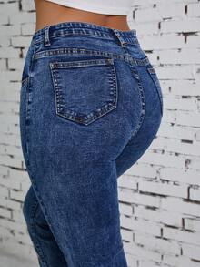 女士时尚优雅个性弹力刺绣水洗牛仔裤 - 中等水洗藍 - 查看 3