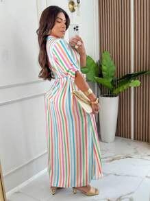 LONG 3/4 SLEEVE CHAMISE, STRIPED MULTICOLOR SHIRT DRESS - 淺藍色 - 查看 2