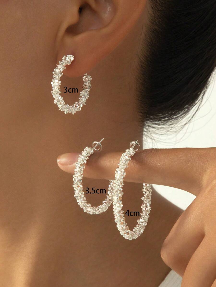 3 Pairs Asymmetrical Gear Shape Hoop Earrings Set In Different Sizes, Minimalist European Style - Silver - View 1