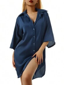 Womens Sleep Tops Underwear Summer Sleeping Shirt Half Sleeve Single Breasted Loose Nightshirt For Home Wear Lounge 4 Colors - 藍色 - 查看 7