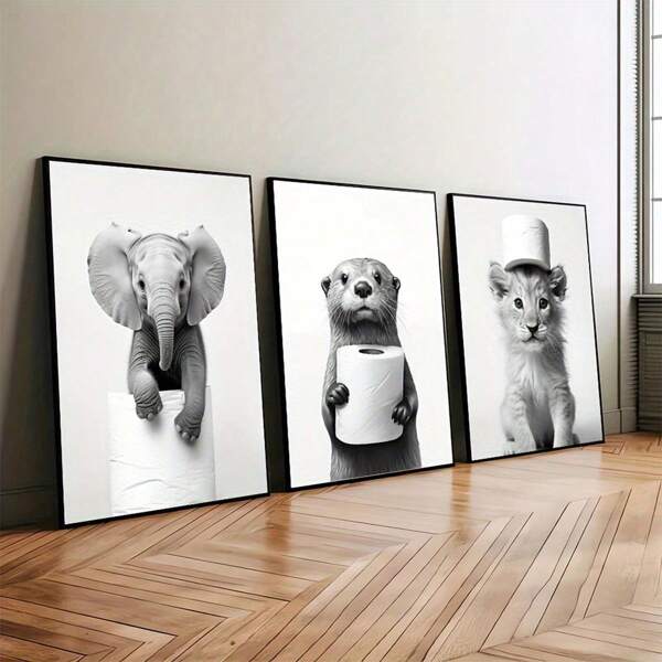 1/3pcs Set Frameless Funny Otter Elephant And Lion Holding Toilet Paper Canvas Printing Cute Black And White Animal Wall Art Poster Suitable For Modern Living Room Bedroom Kitchen Bathroom And Home Decoration, The Perfect Gift For Animal Lovers