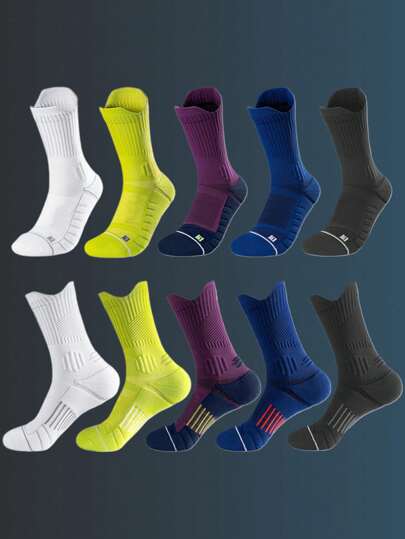 1/3/5 Pairs Of Random Delivery Men's Multi-Color Non-Slip Medium Long Tube Large Size Towel Bottom Thick Air Cushion Actual Combat Sports Socks Professional Basketball Stockings