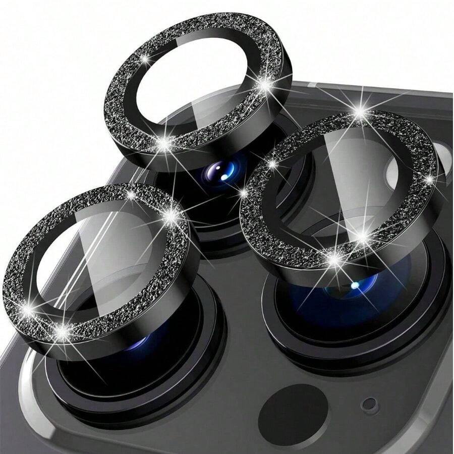 1Set Eagle Eye Camera Lens Film Compatible With IPhone With High Definition Reinforced Tempered Glass Metal Camera Lens Protector With Rhinestone Decor, Anti-Scratch, Anti-Shock, Light Luxury Fashion Mobile Phone Accessory - Black - View 1