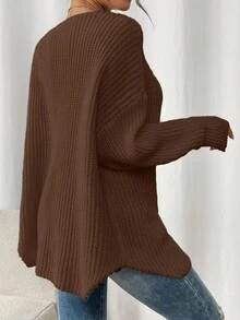 Women's Solid Color V-Neck Dropped Shoulder Long Sleeve Loose Casual Sweater, Autumn/Winter