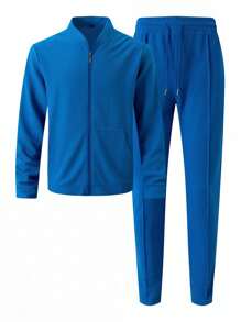 2pcs/Set: 1pc Baseball Collar Solid Color Long Sleeve Cardigan Jacket + 1pc Long Pants