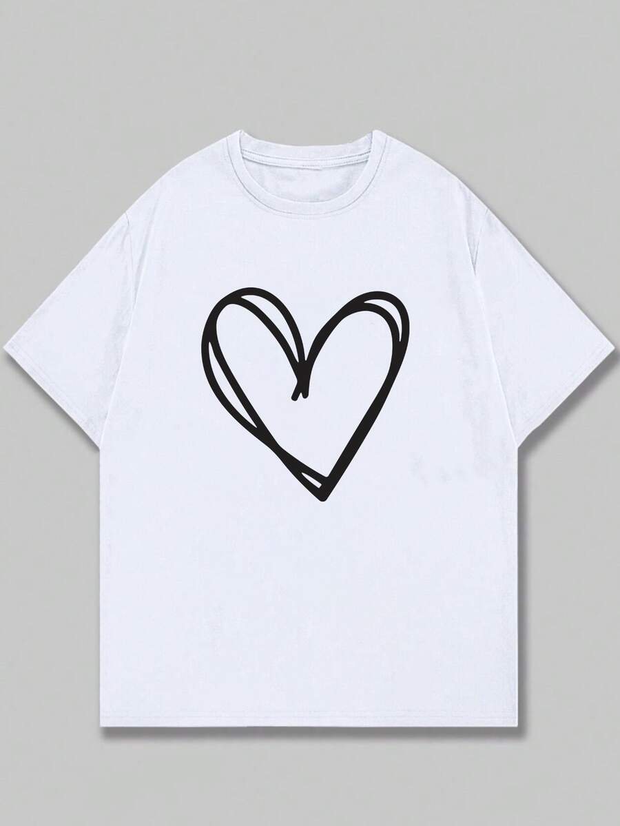 Basic T-Shirt Heart Print Blouse Shirt Men's Cotton - trắng - Xem 1