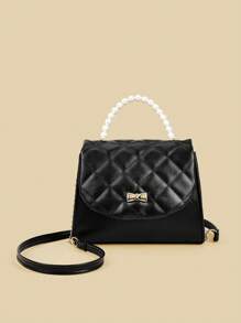 1个女童时尚公主风绗缝金属蝴蝶结珍珠迷你手提包，配链条肩带，适合日常外出和搭配服装 - A - 查看 11