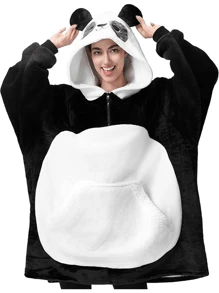 SYNCFUN Wearable Blanket Hoodie - Oversized Soft Sherpa Fleece Hooded Blanket - Warm Cozy Plush Flannel Blanket Sweatshirt Gifts - With Giant Pocket And Sleeves For Adults Women Men - 貓熊 - 查看 1