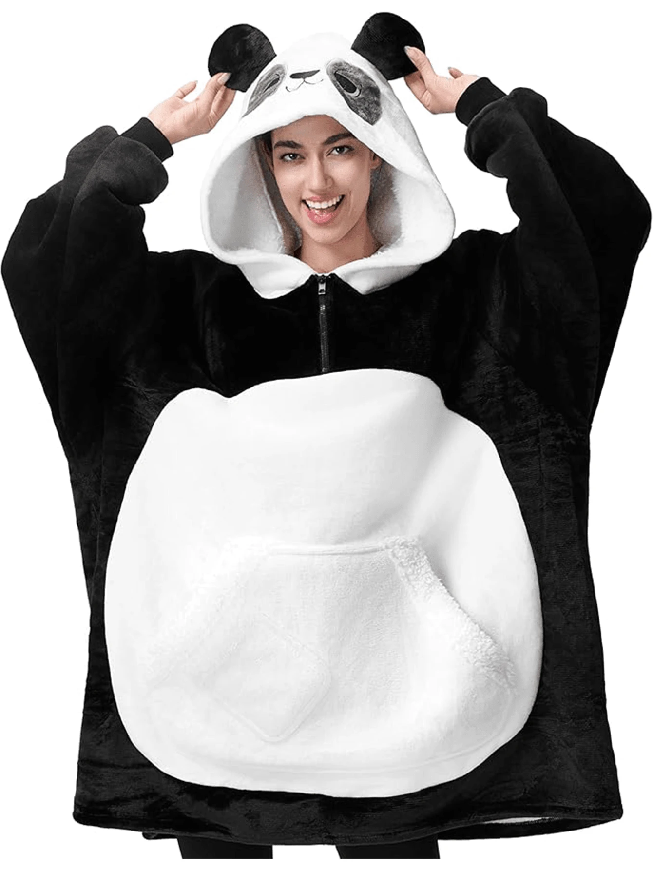 SYNCFUN Wearable Blanket Hoodie - Oversized Soft Sherpa Fleece Hooded Blanket - Warm Cozy Plush Flannel Blanket Sweatshirt Gifts - With Giant Pocket And Sleeves For Adults Women Men - 貓熊 - 查看 1