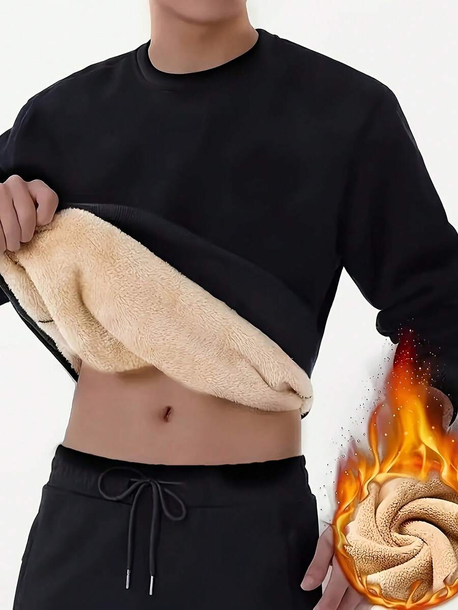 Moletom Masculino de Cor Sólida Minimalista, Tecido de Poliéster Térmico de Lã de Carneiro Outono/Inverno, Forro Térmico, Ajuste Slim