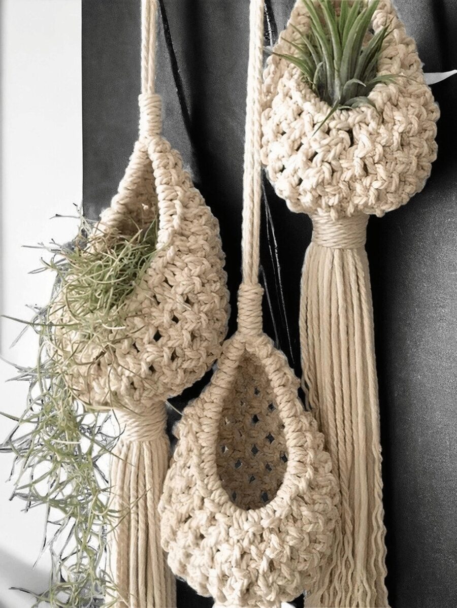 1/3pcs Handmade Cotton Rope Woven Pineapple Plant Hanging Planter Bag, Suitable For Indoor, Rustic And Outdoor Decor - Beige - View 1