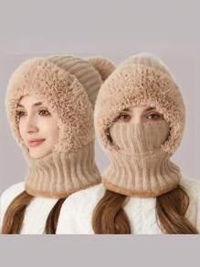 1 Pc WarmthMax Thermal Lined Knit Hat - Windproof, Thermal Insulation, Earflap Protection, Hooded Neck Gaiter, Breathable, Moisture-Wicking, Outdoor Cycling Essential For Cold Weather