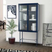 Elegant Floor Cabinet With 2 Glass Doors Living Room Display Cabinet With Adjustable Shelves Anti-Tip Dust-Free Easy Assembly Blue Color - Blue - View 5