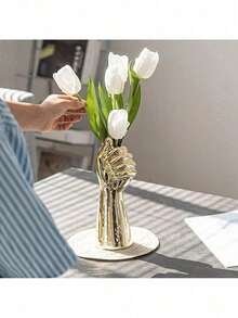 Creative Hand-Shaped Ceramic Vase Nordic Vase Home Decoration Dried Flowers Flower Pot Brush Stand Gold Silver Vase Table - 銀花瓶 - 查看 3