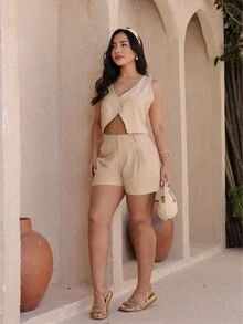 Women's Set Vest With Shorts Tailored Fabric Wonderful Elegant 2025 - 米色 - 查看 5