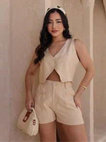 Women's Set Vest With Shorts Tailored Fabric Wonderful Elegant 2025 - 米色 - 查看 1