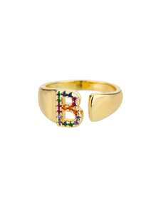 1 Pc Fashion Colorful Zirconia A-Z Letter Ring For Women Gold Color Stainless Steel Geometric Open Initial Ring Wedding Engagement Jewelry Party Gift