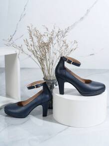 1双搭扣粗跟高跟鞋，纯色百搭，适合通勤、职业场合、派对等各种场合，优雅的闭趾女鞋，厚底高跟鞋 - 水鴨藍 - 查看 5
