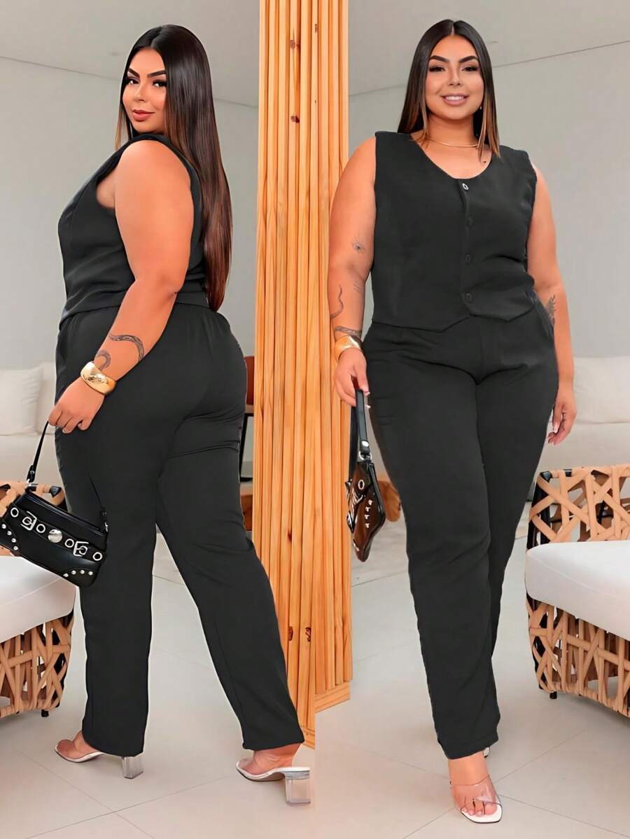 Feminino Set Tailoring Plus Size 48 50 52 Cropped Strap Blouse Casual Pants 46 48 50 52 54 GG G1 G2 - Premium - 黑色 - 查看 1