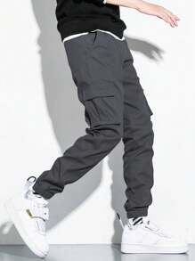 1pc Teen Boys Casual Minimalist Sports Outdoor Cargo Pants With Pockets, Elastic Cuffs, Spring/Summer/Autumn - Grey - View 4