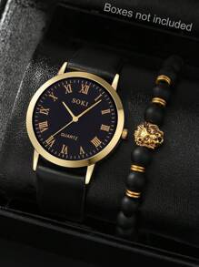 LIANDU LIANDU 2 Stück/Set Herrenuhr Mode Lässig Quarz Rundes Zifferblatt Armbanduhr und Löwenkopf Perlenarmband Schmuckset, geeignet für den täglichen Gebrauch, Schulanfangszeit, Abschlusszeit, Thanksgiving, Paare, die besten Geschenke, Uhrenbox nicht enthalten