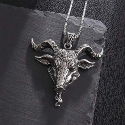 SeuSuk 1pc Vintage Punk Goat Head With Evil Eye Pendant Necklace - Gothic Satanic Jewelry, Unique Design, Suitable For Men And Women - Perfect Gift For Alternative Fashion Enthusiasts