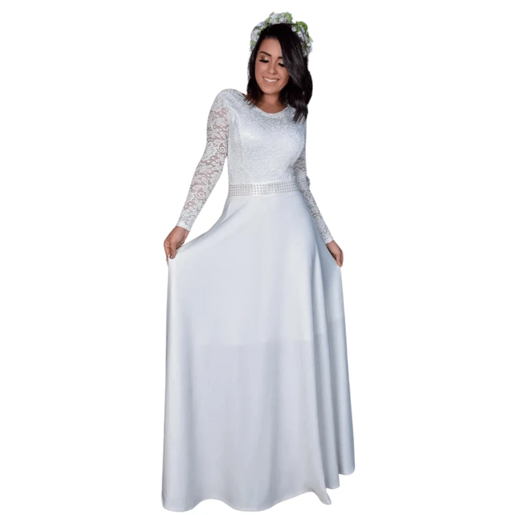 Vestido Longo Branco Noiva Casamento Liso com Renda Moda Feminina - Branco - Visão 1