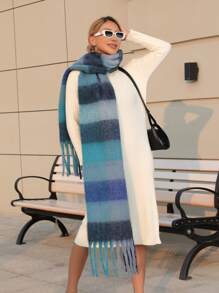 1pc Autumn/Winter New Women's Imitation Cashmere Checkered Thicken Tassel Scarf, Extra Long And Soft, Warm And Fashionable For Travel And Daily Christmas