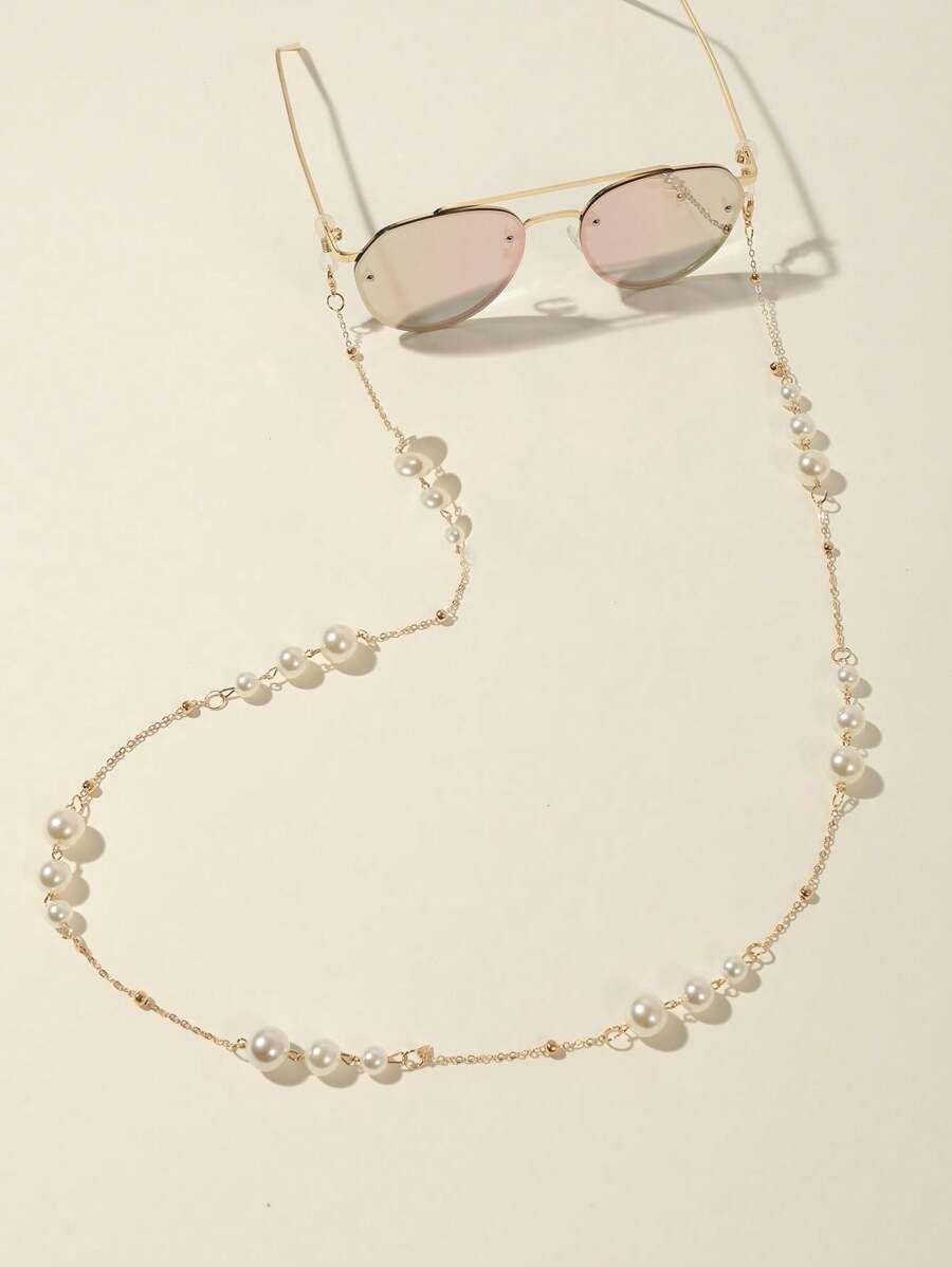 1 pièce Chaîne de lunettes femme à la mode en métal et faux perle, chaîne de décoration de lunettes de soleil en silicone antidérapante de style, accessoire de lunettes pour femmes, chaîne de lunettes pour filles, sangle anti-glissement pour lunettes - Doré - Voir 1