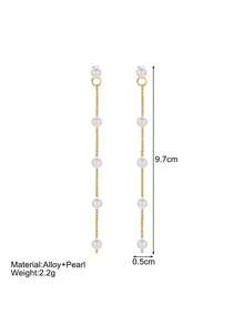 1 对法式复古简约仿珍珠长流苏耳环 - 金黃色 - 查看 2