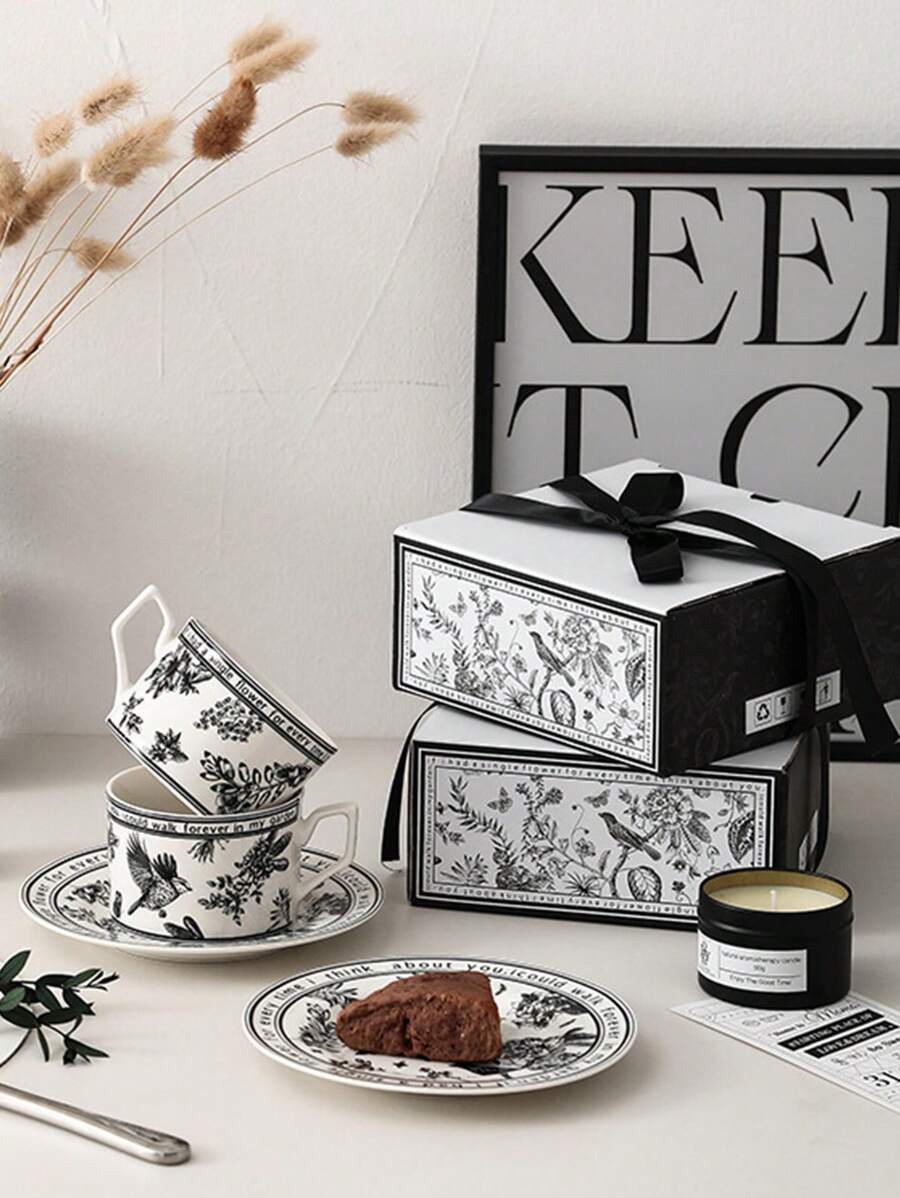 1 套咖啡杯碟套装下午茶杯甜点盘复古陶瓷杯返校