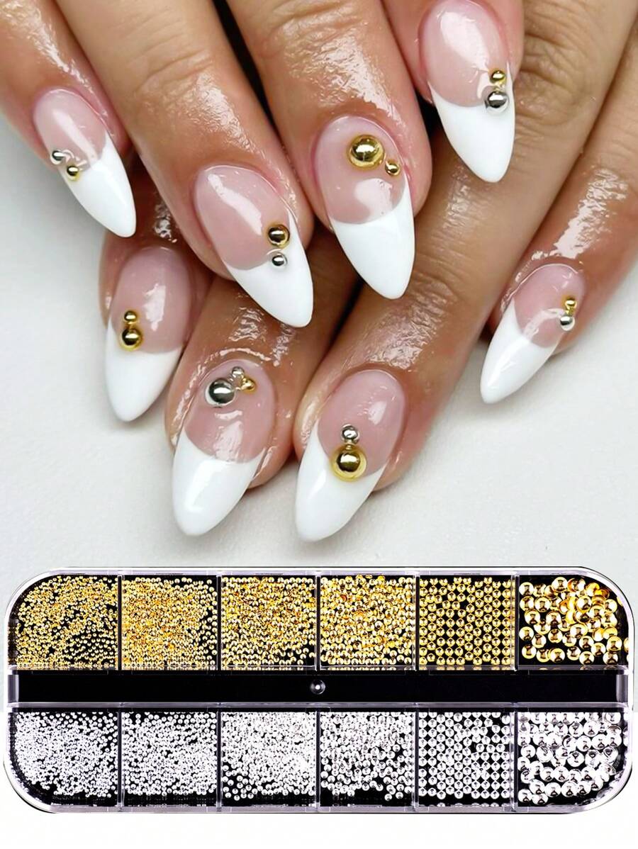 12颗金银色半圆形鱼子酱珠美甲装饰珠，多种尺寸可选，扁平圆形钢珠，微型球，DIY美甲配件，美甲用品，美甲宝石 - 彩色 - 查看 1