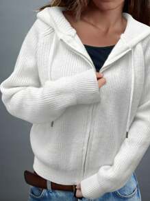 Zip Up Knit Drawstring Hooded Cardigan, Elegant Long Sleeve Outwear For Spring & Fall, Women's Clothing