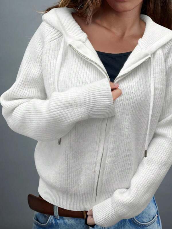 Zip Up Knit Drawstring Hooded Cardigan, Elegant Long Sleeve Outwear For Spring & Fall, Women's Clothing