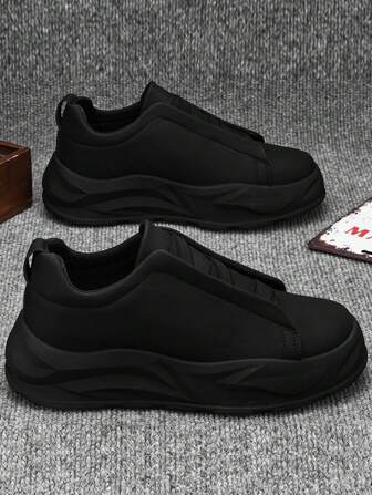 Men's Casual Athletic Shoes, Autumn/Winter New Thick Sole Non-Slip Classic Versatile White Sneakers, Youth Fashionable Round Toe Skate Shoes, Outdoor Personalized Street Casual Slip-On Loafers, Solid Color Party Leisure Travel Leather & Mesh Breathable Lightweight Flat Tourism Shoes For Men